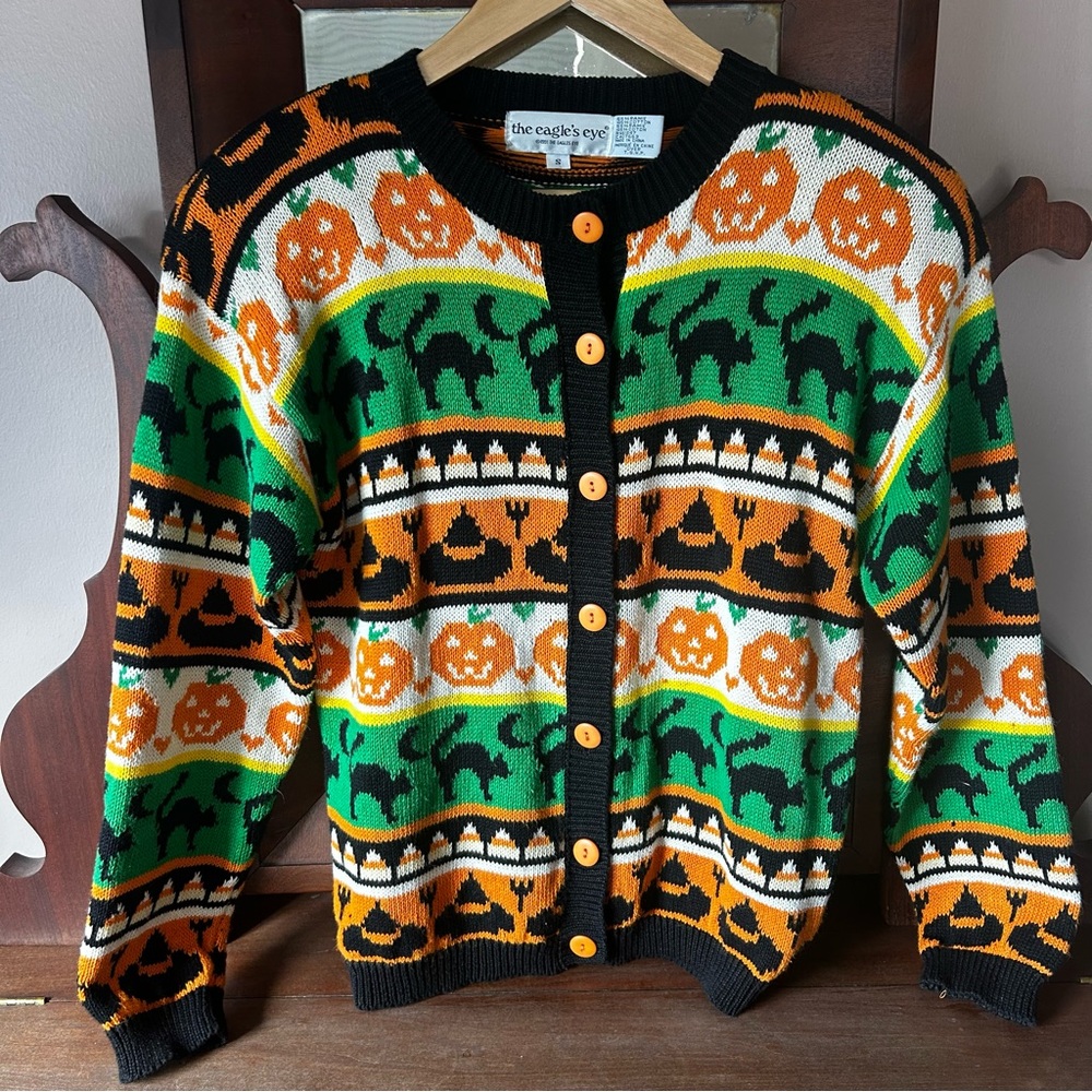 Vintage 1991 Eagle’s Eye Halloween Pumpkin Black Cat Witch Cardigan: Size S